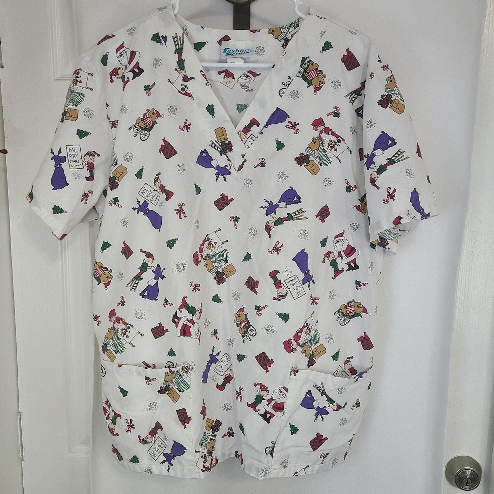 (781) Fashion Scrubs Christmas Theme, Size: XL Color: White 100% Cotton (NWOT)